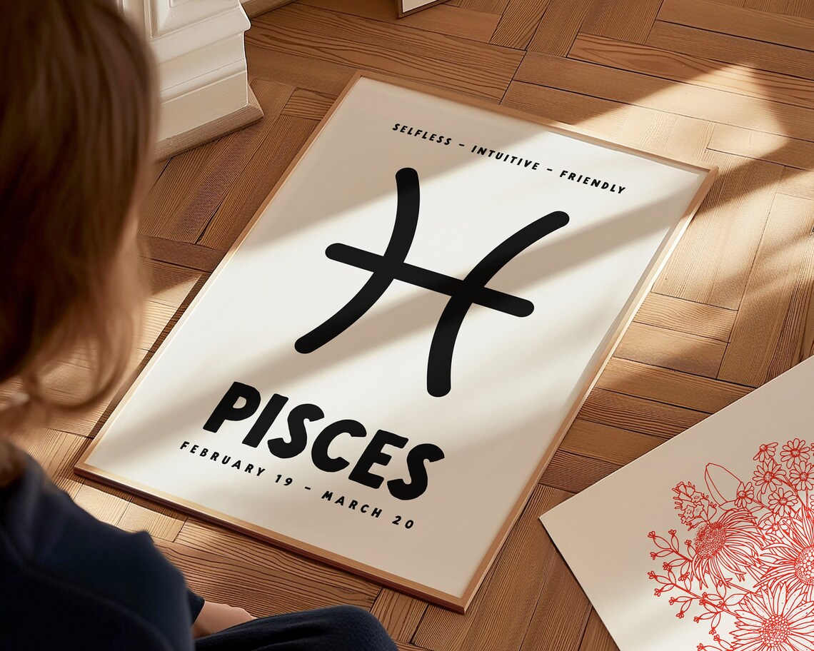 Pisces Zodiac Symbol Black Star Sign Astrology Birthday Gift Poster - Image 2