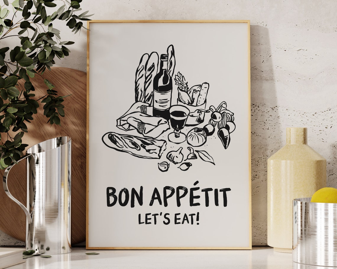 Bon Appetit Lets Eat Charming French Kitchen Line Sketch Poster