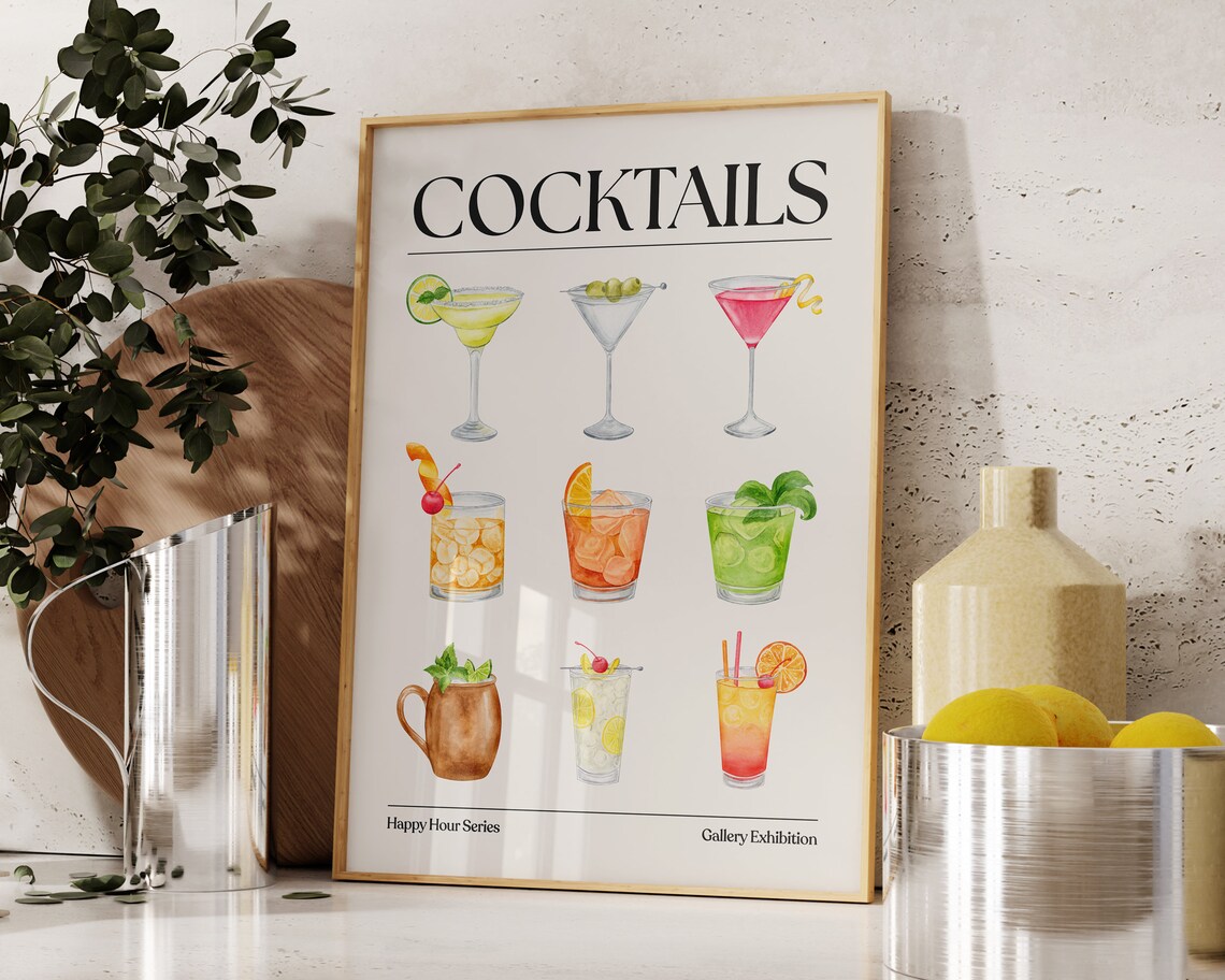 Cocktails Watercolor Happy Hour Gallery Bar Cart Drink Poster