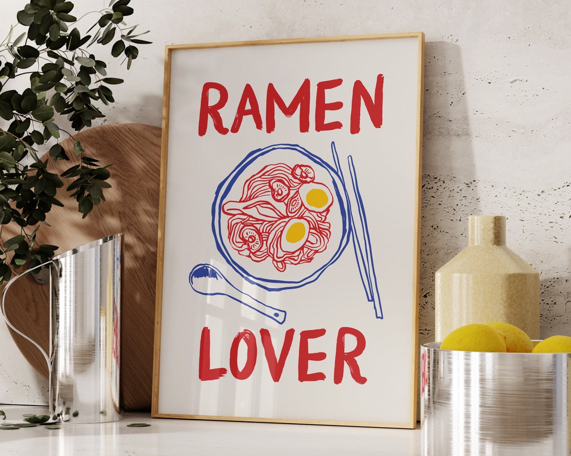 Ramen Lover Red Blue Noodle Bowl Sketch Japanese Kitchen Poster