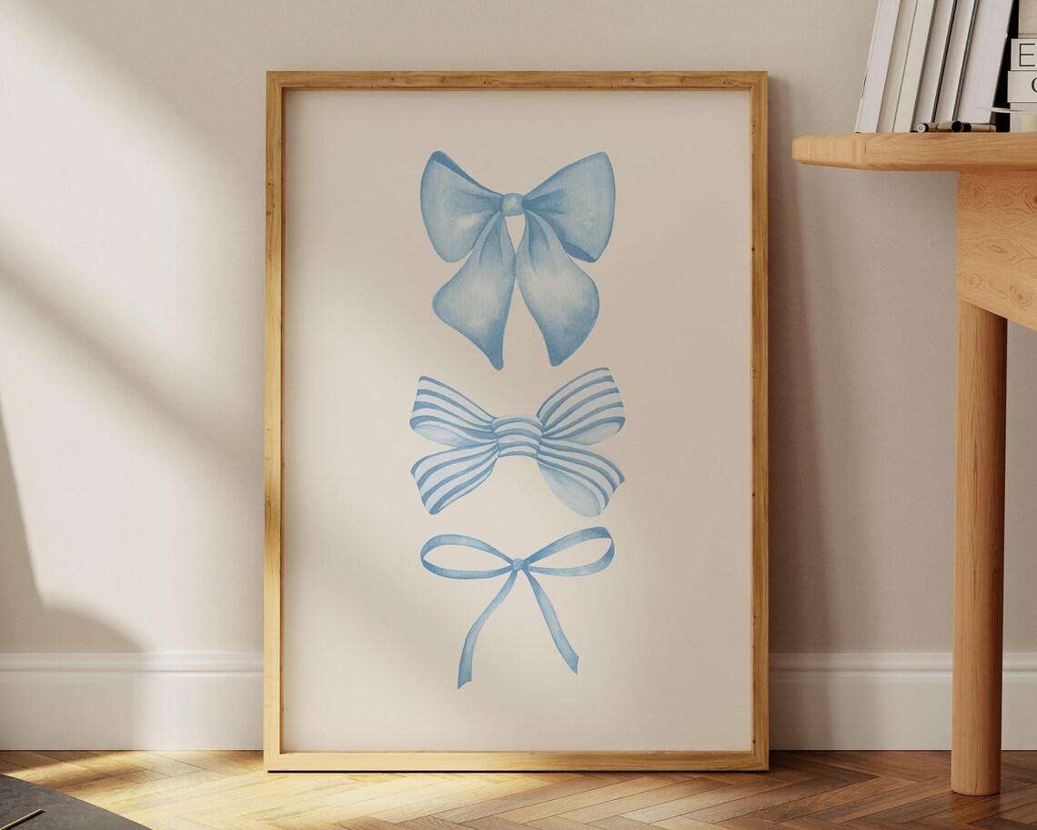 Blue Watercolor Bows Balletcore Coquette Nursery Girl Art Poster - Image 2