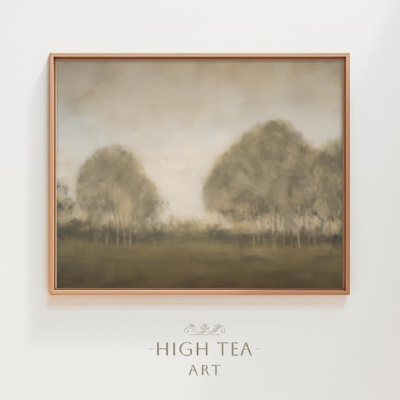 Vintage Country Landscape Oil Painting Art Print Neutral Muted Moody Trees Field Countryside Decor Hta420