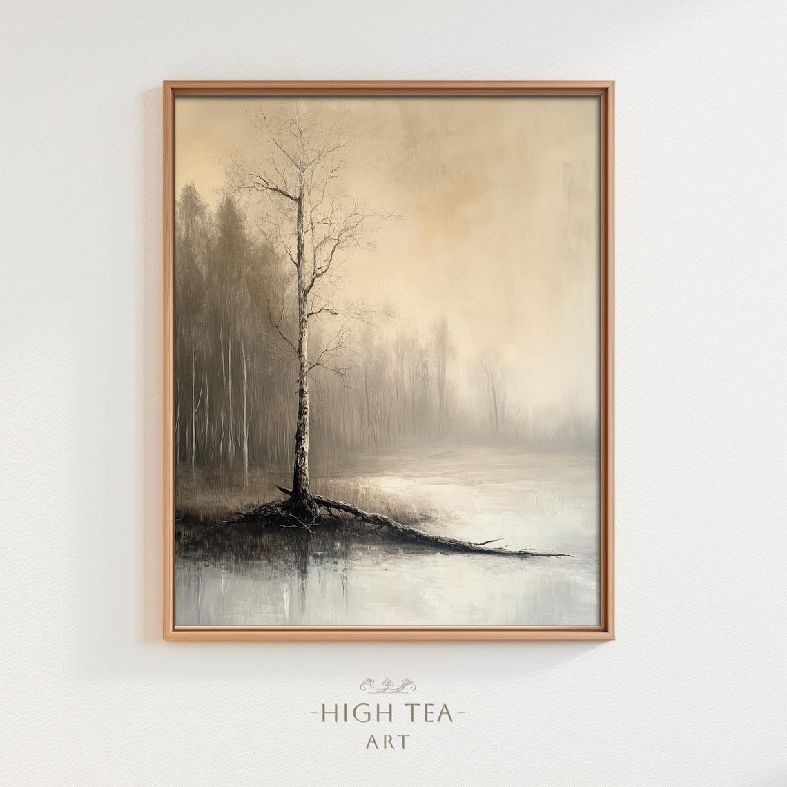 Withered Birch Tree Misty Lake Moody Sepia Oil Painting Art Print