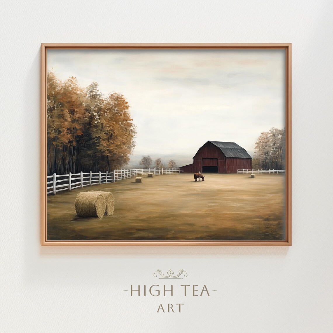 Vintage Red Barn Farm Horse Hay Bales Autumn White Fence Rustic Scene Poster