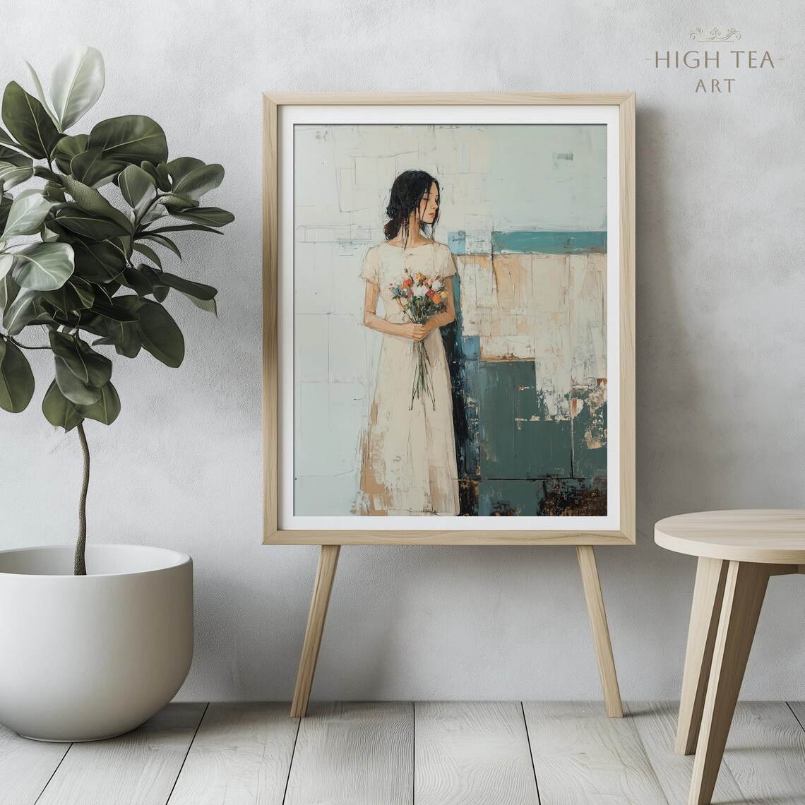 Abstract Girl White Dress Flowers Oil Painting Rustic Charm Woman Portrait Poster
