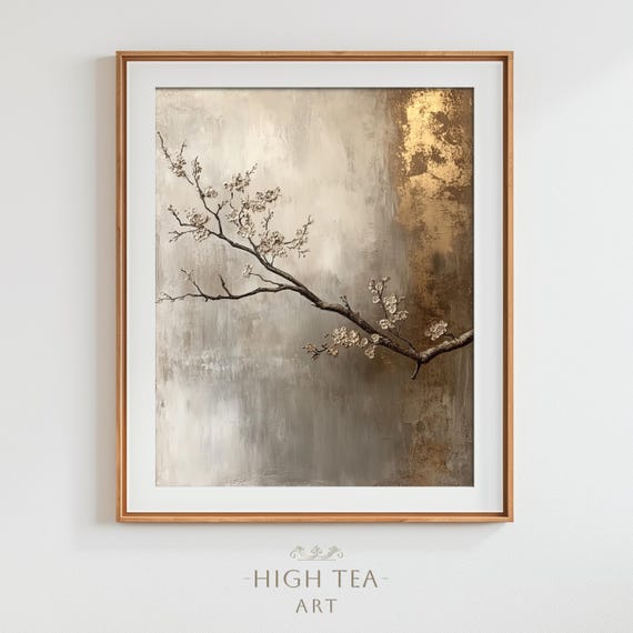 Abstract Japandi Style Flowers Oil Painting Neutral Muted Soft Tones Branch Leaves Art Print Hta184