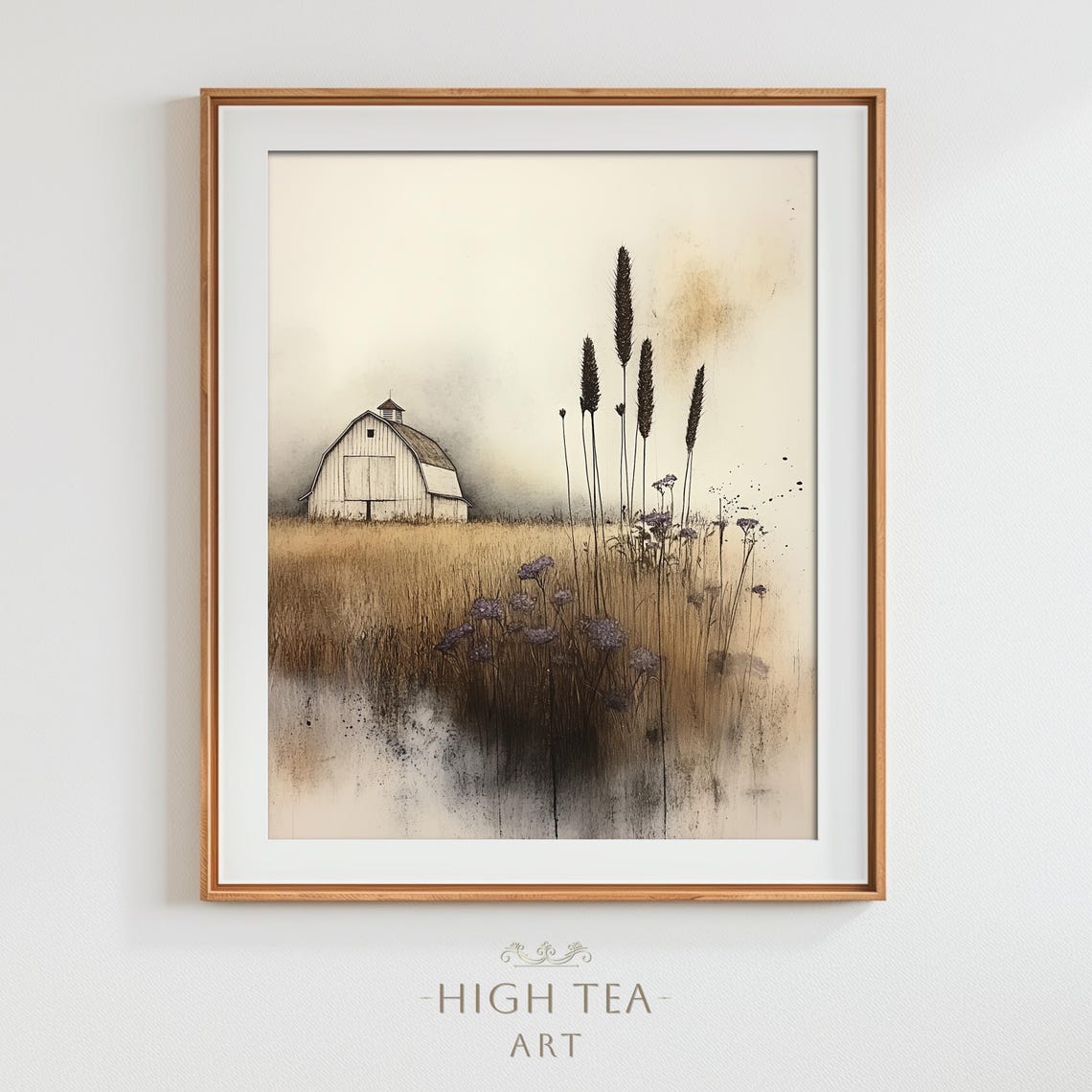Country Barn Sketch Wheat Field Watercolor Rustic Farmhouse Wall Art