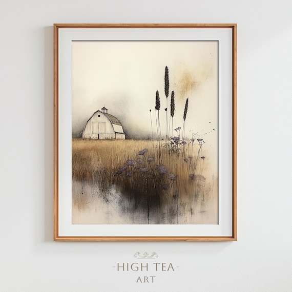Abstract Country Barn Sketch Watercolor Painting Art Print Neutral Muted Reeds Wall Decor Hta284