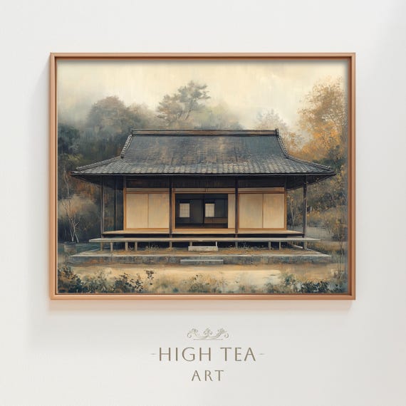 Vintage Japanese Wooden Tea House Art Print Muted Neutral Japan Countryside Traditional Gable Roof Hta218