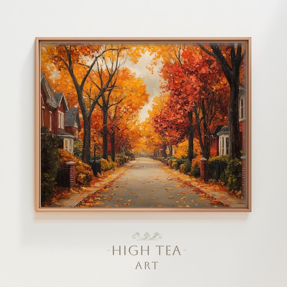 Autumn Muted Neutral Oil Painting Art Print Fall Leafy Suburban Street Moody Trees Red Brick Houses Hta157