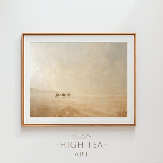 Desert Landscape Oil Painting Art Print Rustic Sand Dunes Vintage Neutral Camels Muted Minimal Home Decor Hta060