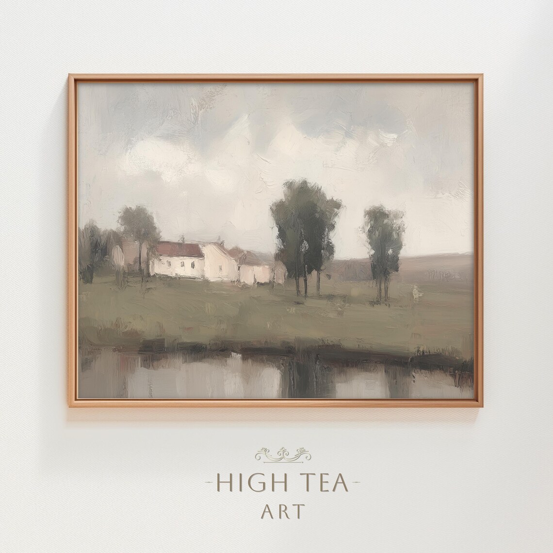 Vintage Country Farmhouse Oil Painting Moody Countryside Pond Neutral Print