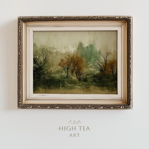 Abstract Misty Green Forest Vintage Oil Painting Woodland Landscape Print
