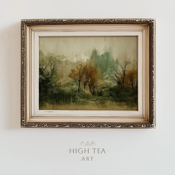 Abstract Vintage Forest Oil Painting Art Print Nature Landscape Trees Neutral Muted Wall Decor Hta395
