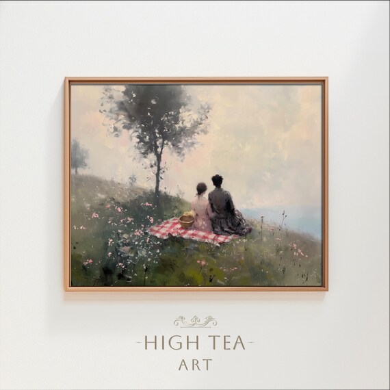 Romantic Hillside Picnic Oil Painting Couple with Gingham Blanket Print