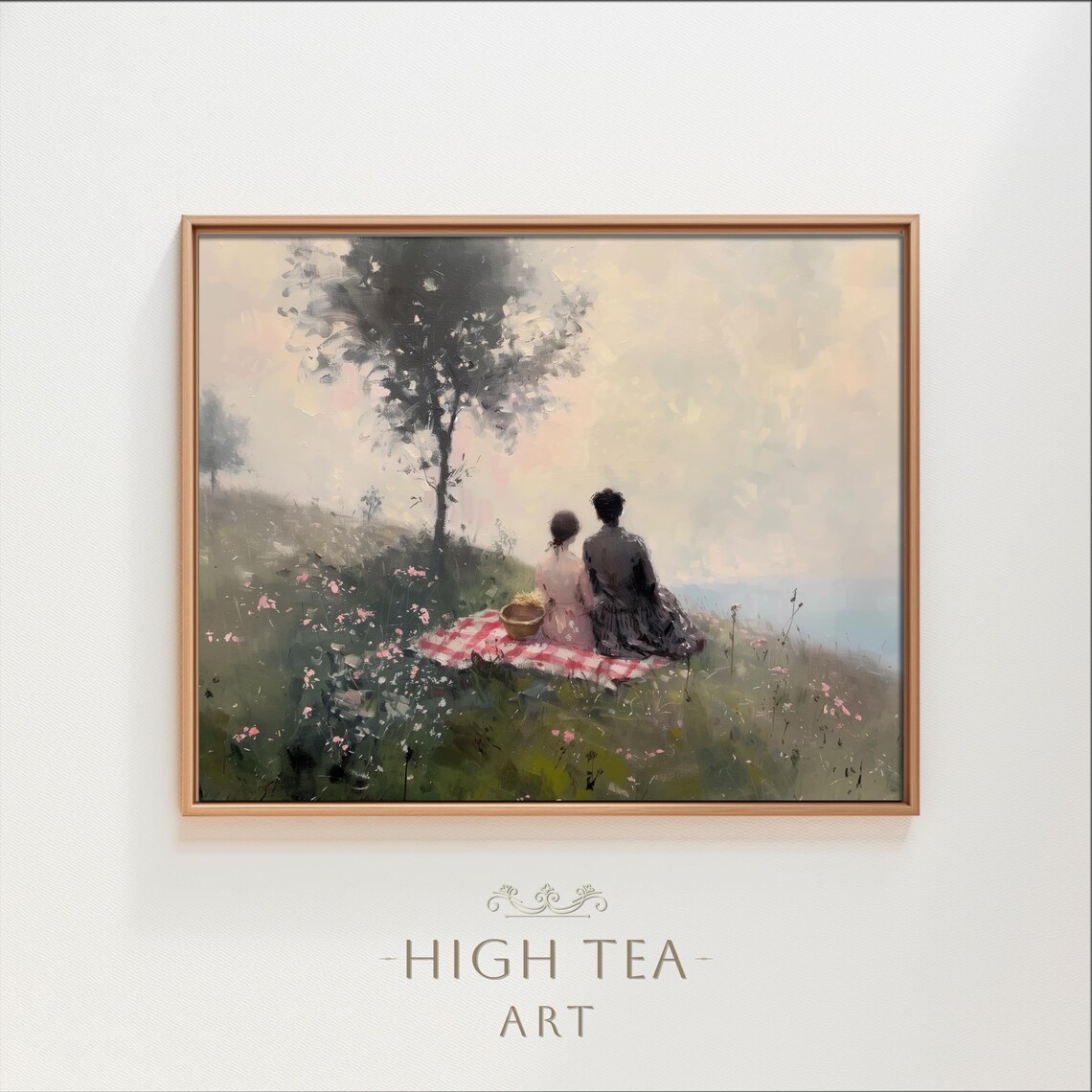 Romantic Hillside Picnic Oil Painting Couple with Gingham Blanket Print