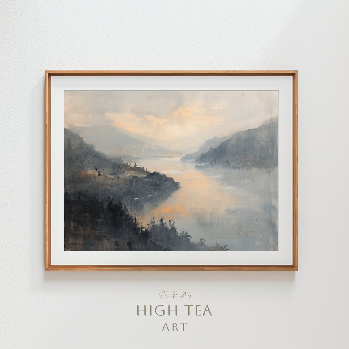 Moody Fjord Sunset Misty Water Oil Painting Nordic Landscape Wall Art