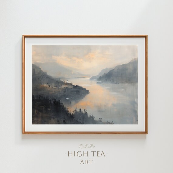 Moody Fjord Sunset Misty Water Oil Painting Nordic Landscape Wall Art