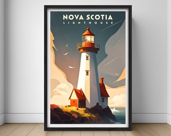 Nova Scotia Lighthouse Rocky Coast Beacon Retro Travel Poster