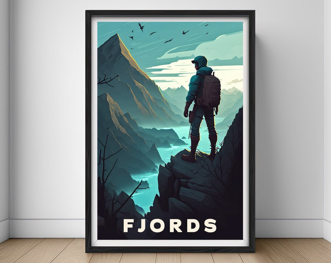 Norway Fjords Hiker Scenic Mountain View Adventure Travel Poster