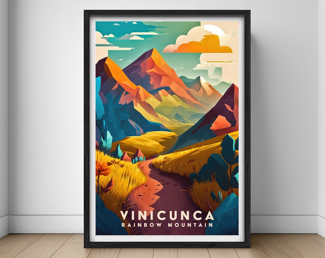 Vinicunca Rainbow Mountain Trail Geometric Peaks Travel Poster