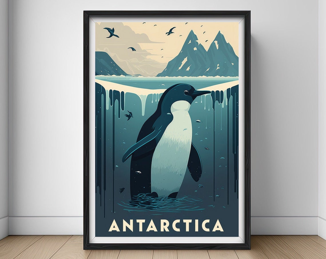 Antarctica Penguin Ice Cliffs Snowy Coast Vintage Travel Poster