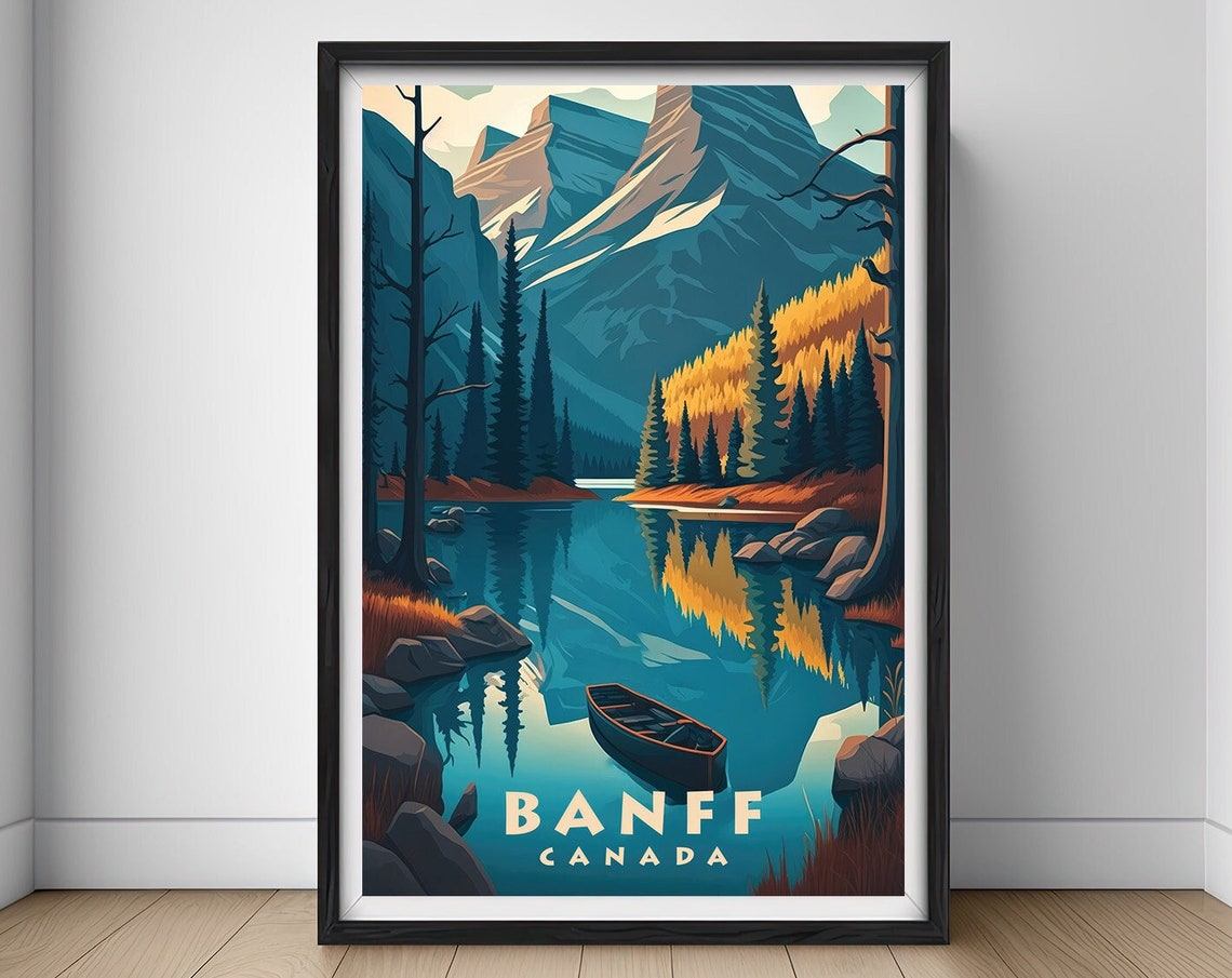 Banff Canada Alpine Lake Canoe Vintage Travel Poster Rockies