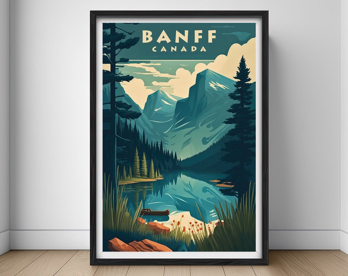 Banff Canada Alpine Lake Canoe Mountains Vintage Travel Poster