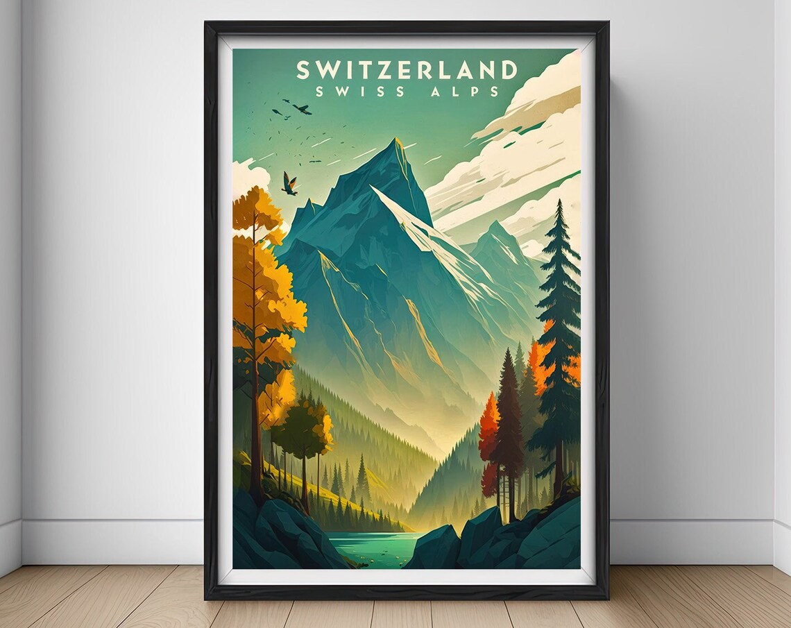 Swiss Alps Switzerland Mountain Lake Autumn Vintage Travel Poster