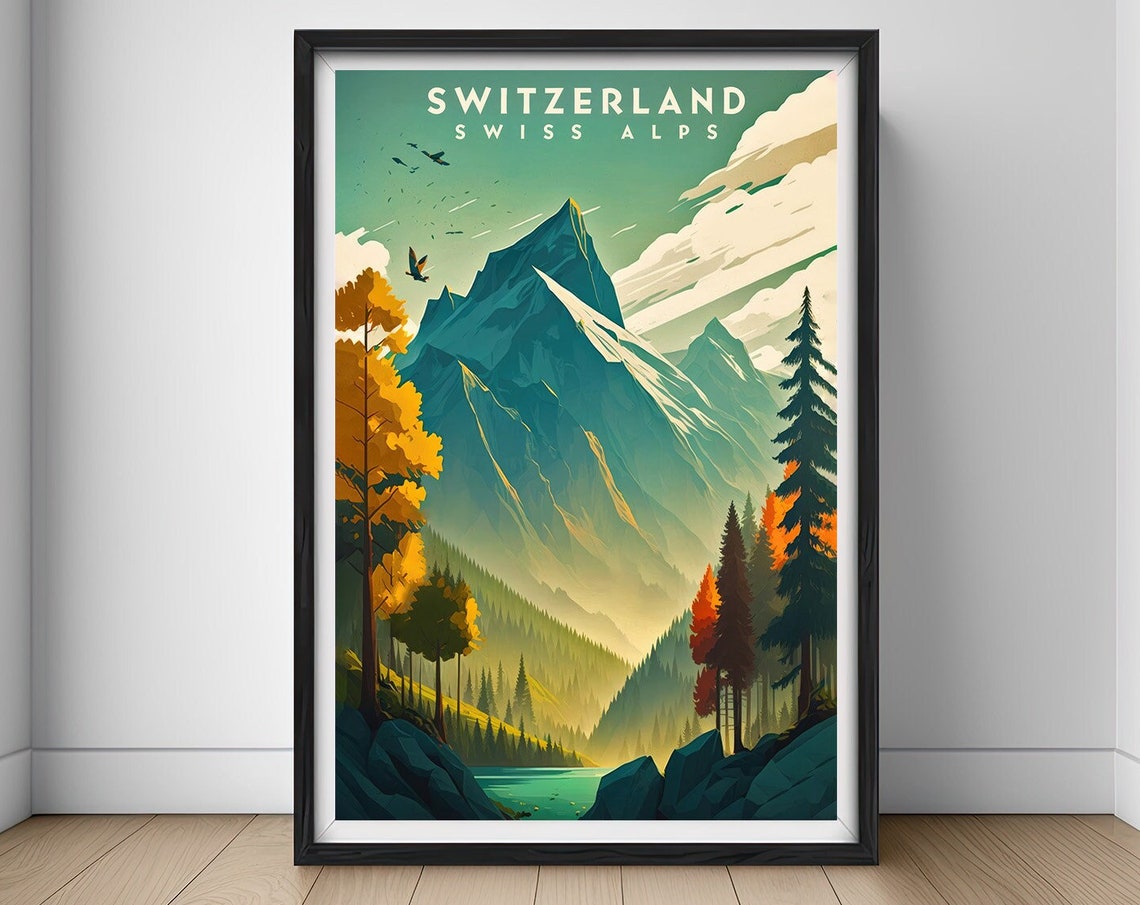 Swiss Alps Switzerland Travel Poster Swiss Alps Wall Art Print Swiss Alps Painting Illustration Switzerland Swiss Alps Home Decor