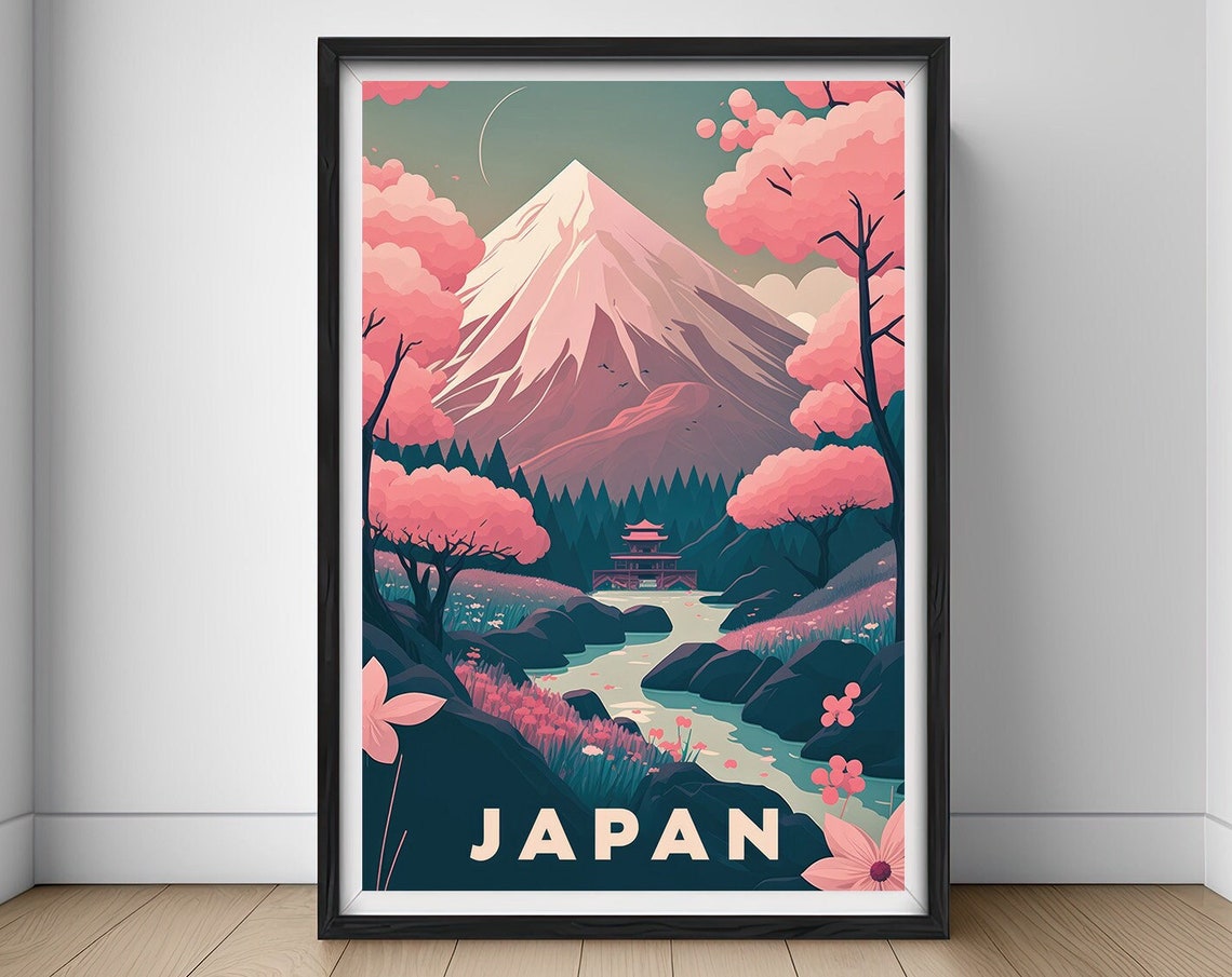 Japan Mount Fuji Cherry Blossom Temple Vintage Travel Poster