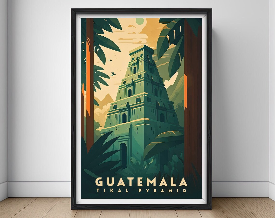Guatemala Tikal Pyramid Mayan Ruins Jungle Vintage Travel Poster