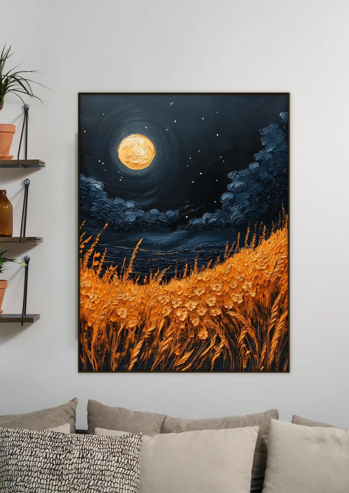 Golden Wheat Field Under a Full Moon and Starry Night Poster - Image 2