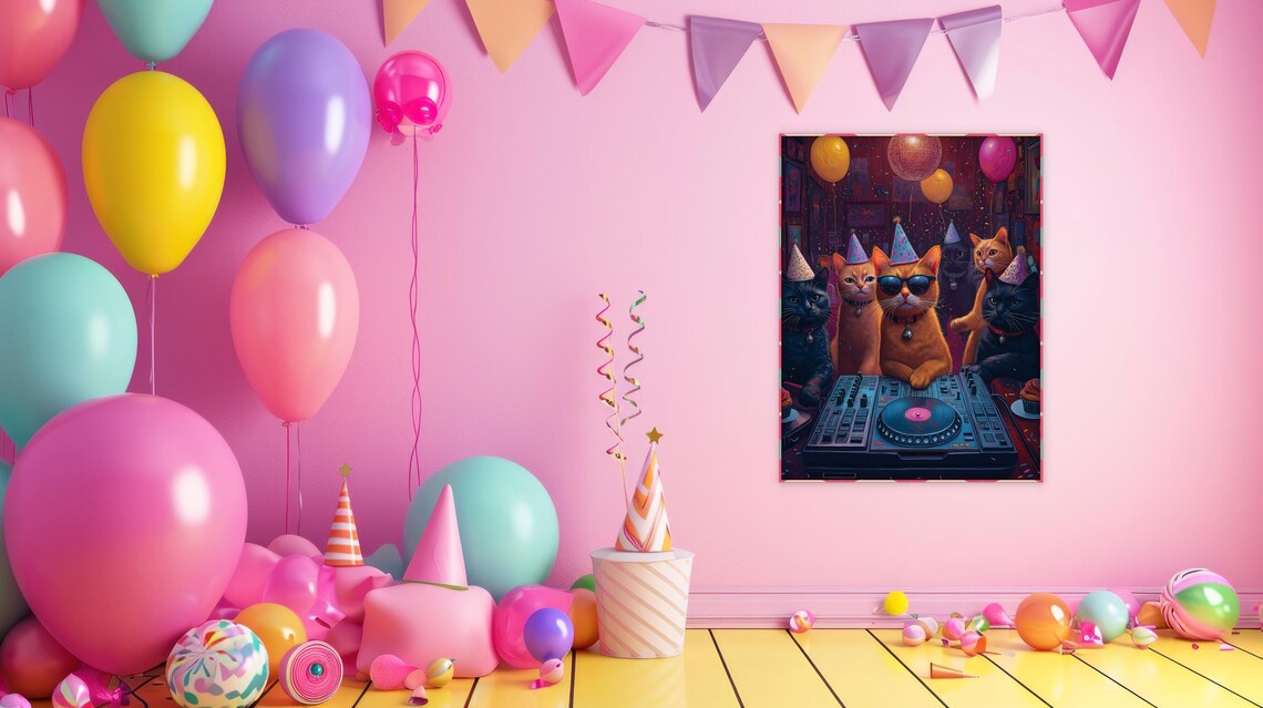 Cool DJ Cats Partying at the Turntables Fun Cat Lover Poster - Image 3