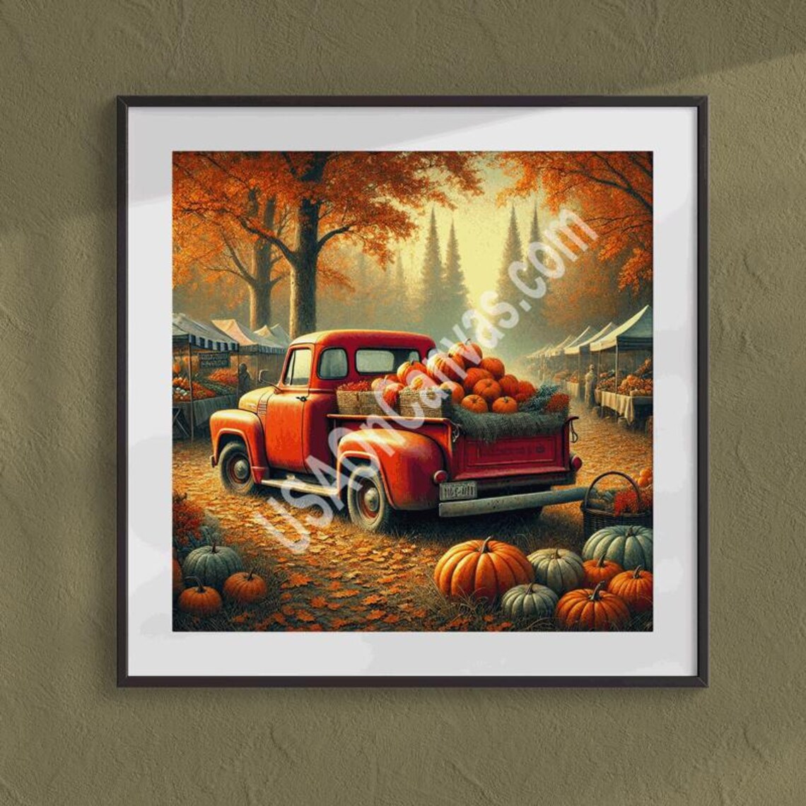 Vintage Red Truck Loaded with Pumpkins at Harvest Market Poster
