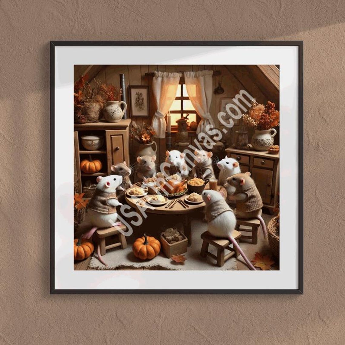 Adorable Mice Family Thanksgiving Dinner Feast Celebration Poster