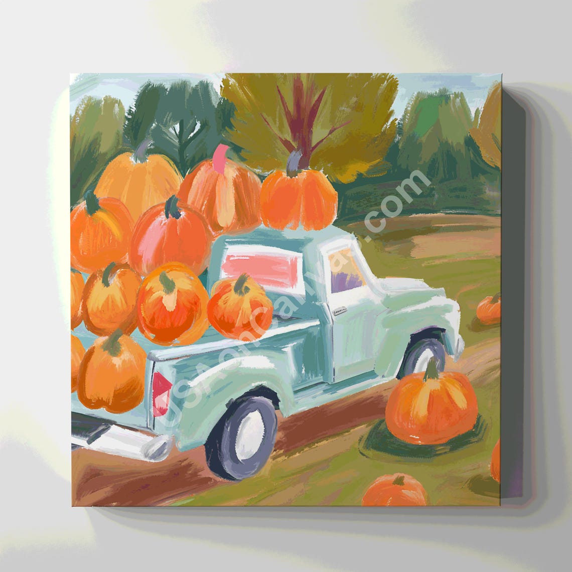 Vintage Truck Loaded With Pumpkins Fall Farm Scene Art Poster