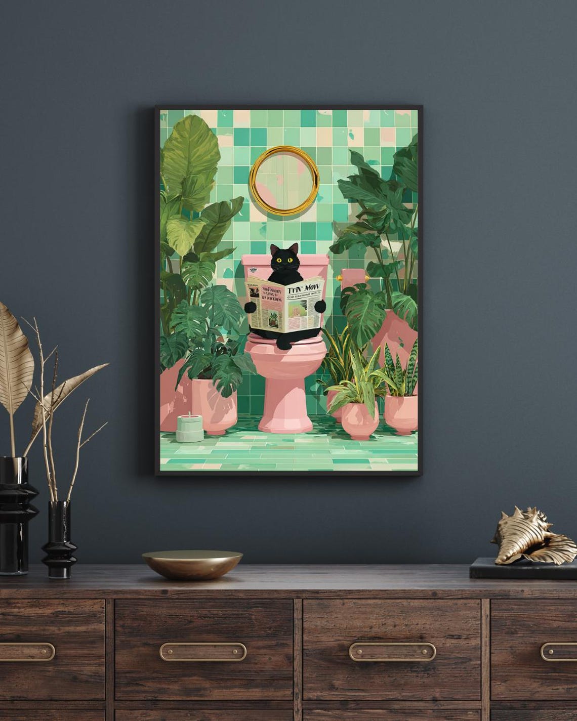 Funny Black Cat Reading Newspaper On Pink Toilet Bathroom Poster