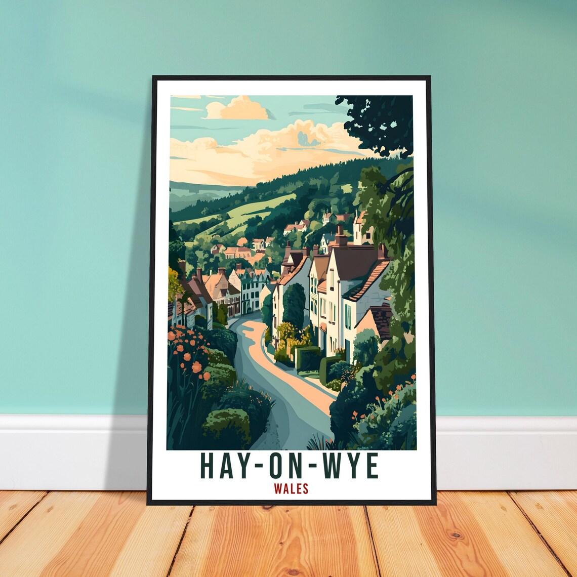 Hay-On-Wye Wales Vintage Village Street Landscape Travel Poster
