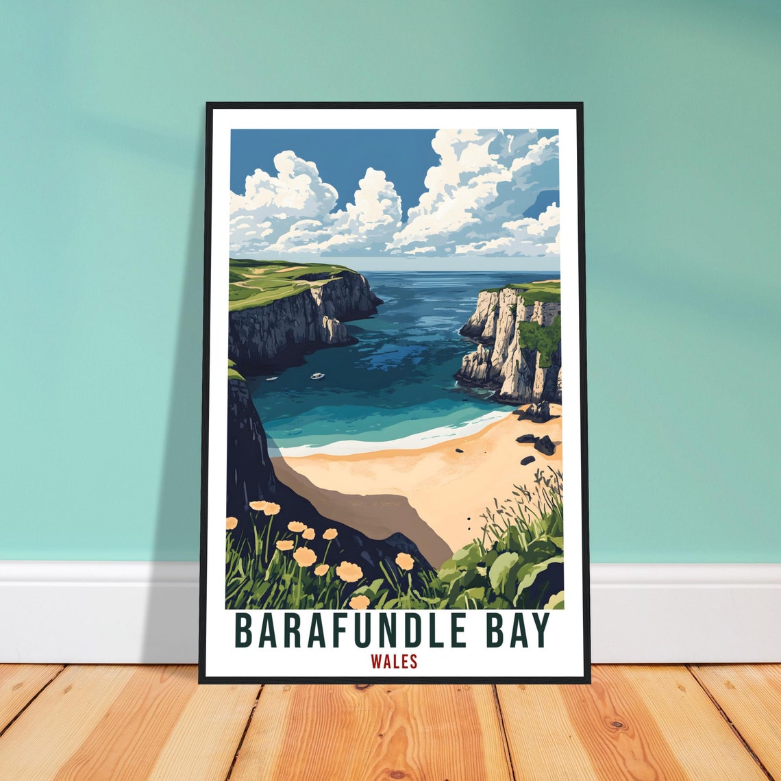 Barafundle Bay Wales Travel Poster Cliffs Beach Wildflower Artwork