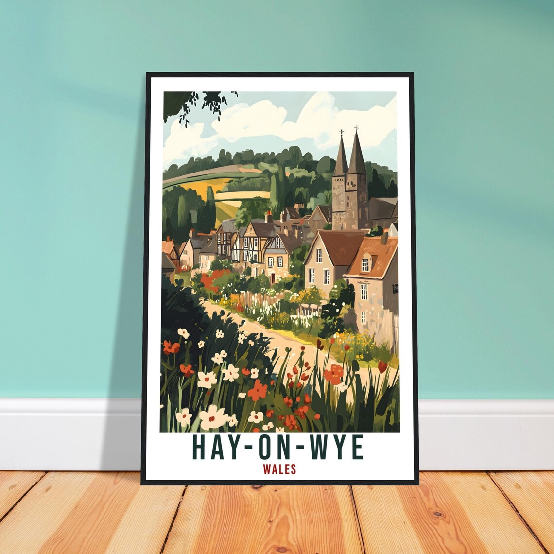 Hay on Wye Wales Book Town Church Spires Floral Travel Poster