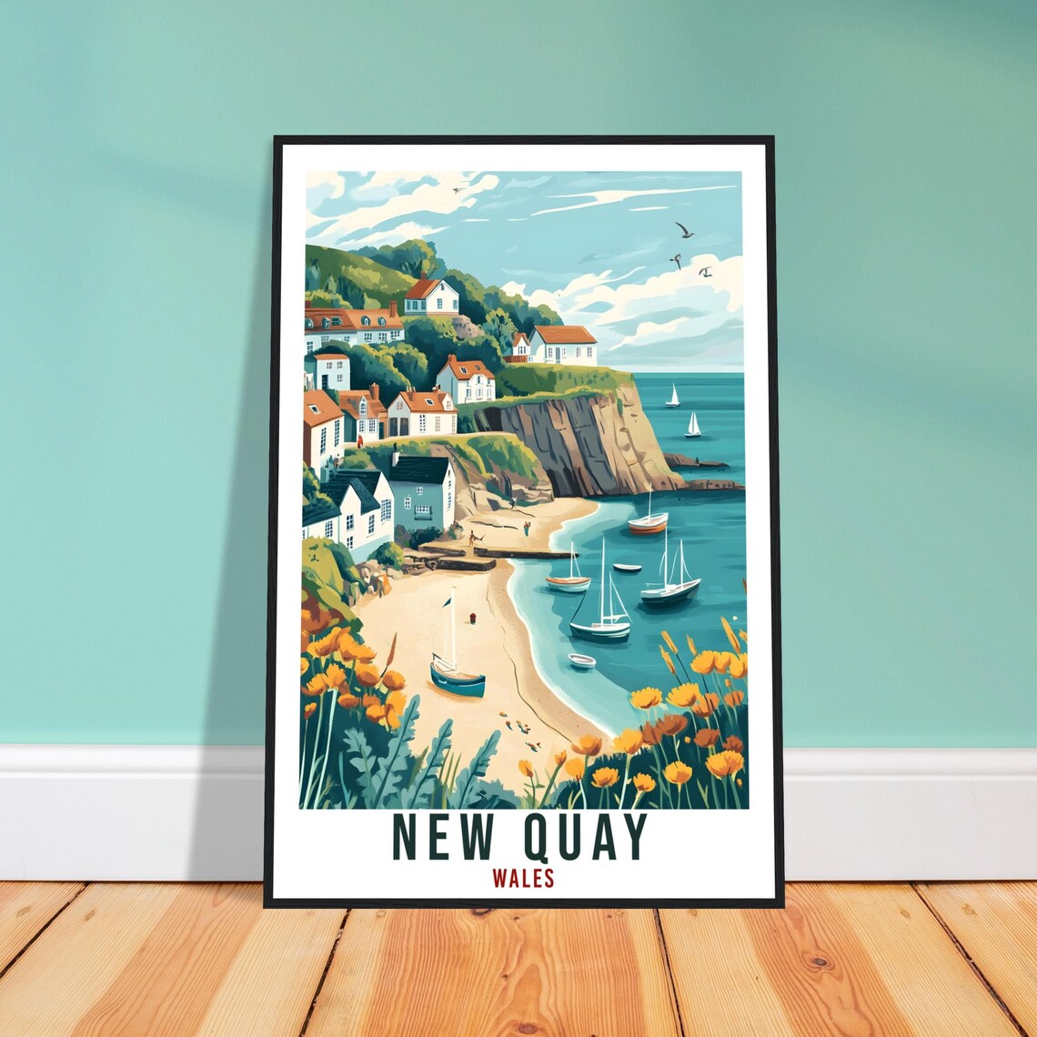 New Quay Wales Travel Poster Village Beach Boats Coastal Artwork