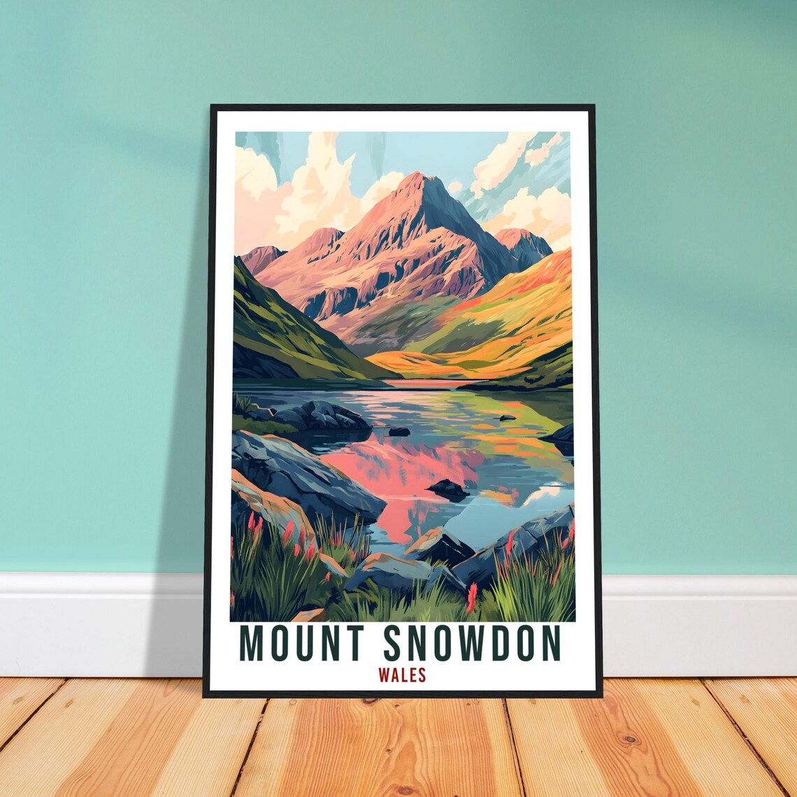 Mount Snowdon Wales Lake Reflection Rugged Mountain Travel Poster