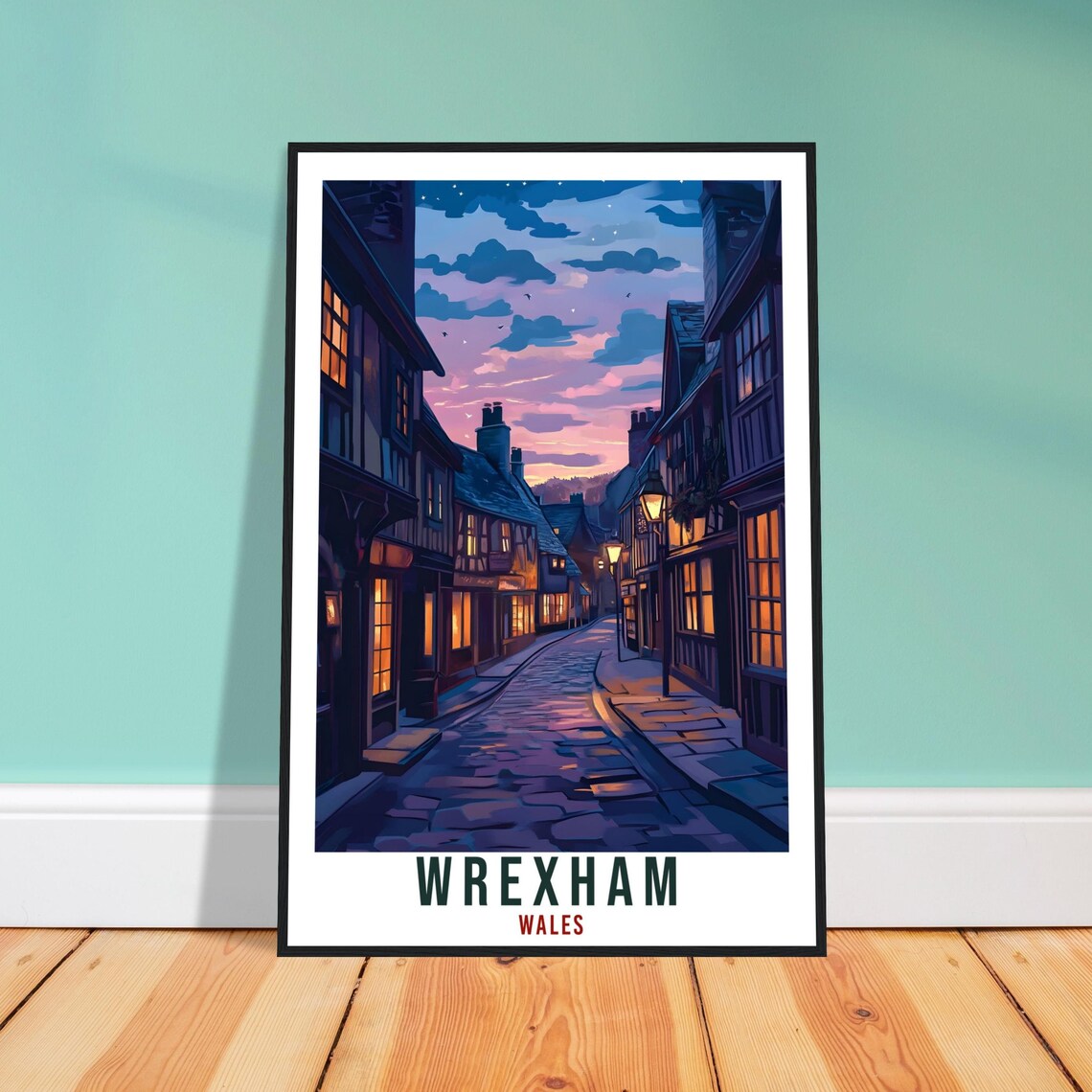 Wrexham Wales Old Town Dusk Cobbled Street Lantern Light Poster
