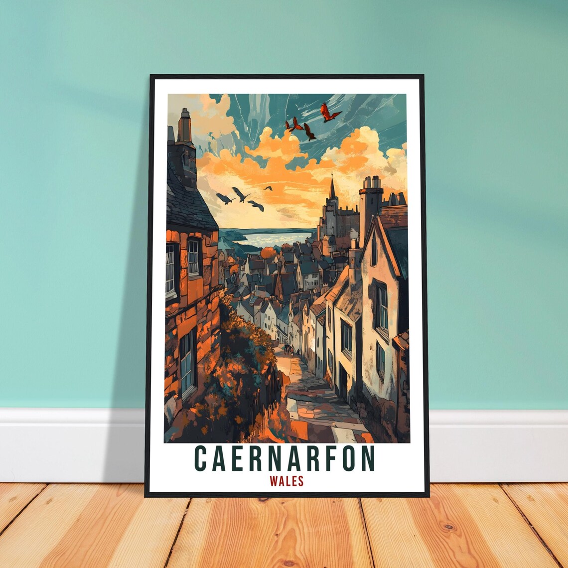 Caernarfon Wales Travel Poster Cobblestone Street Sunset Town Artwork
