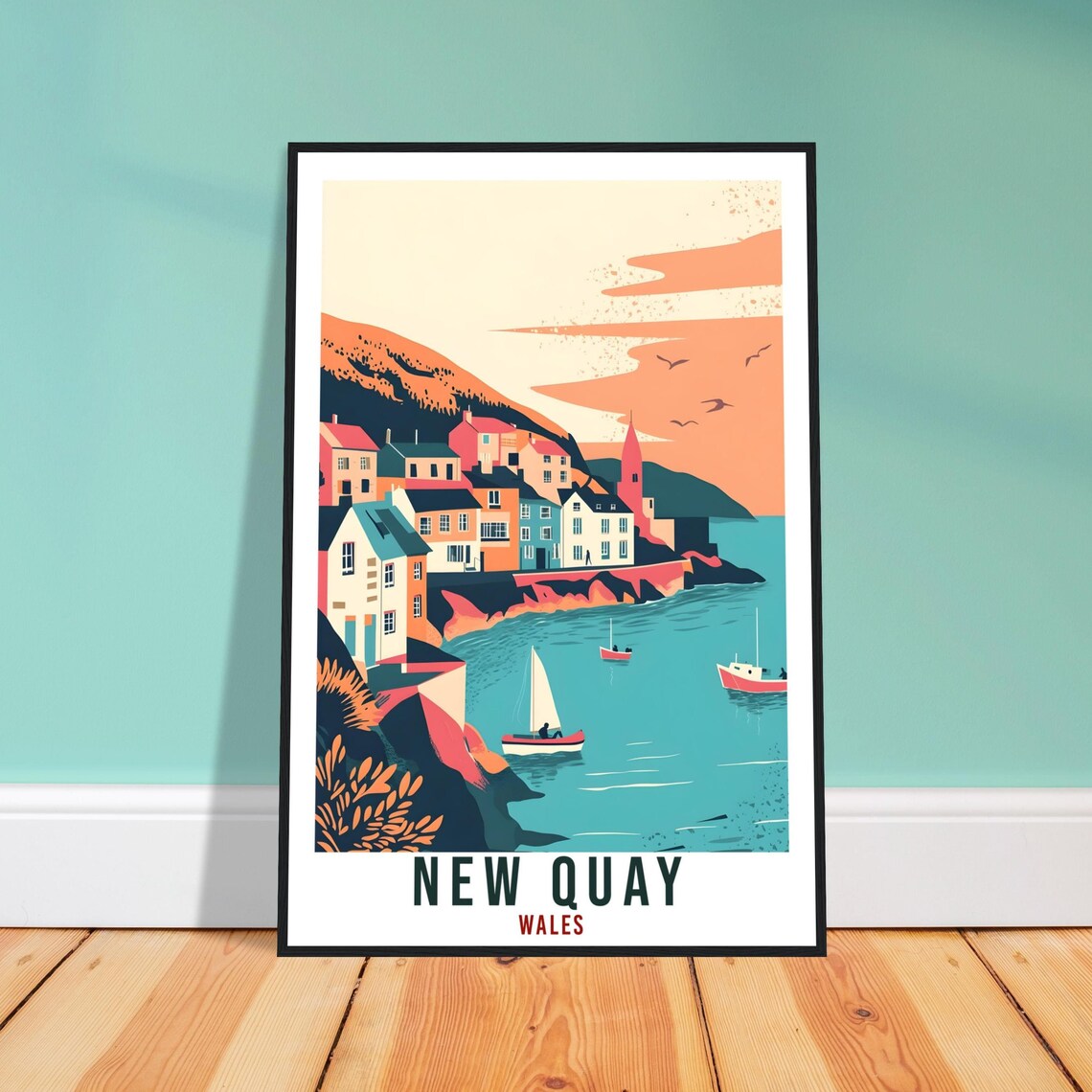 New Quay Wales Harbour Boats Colourful Cottages Travel Poster