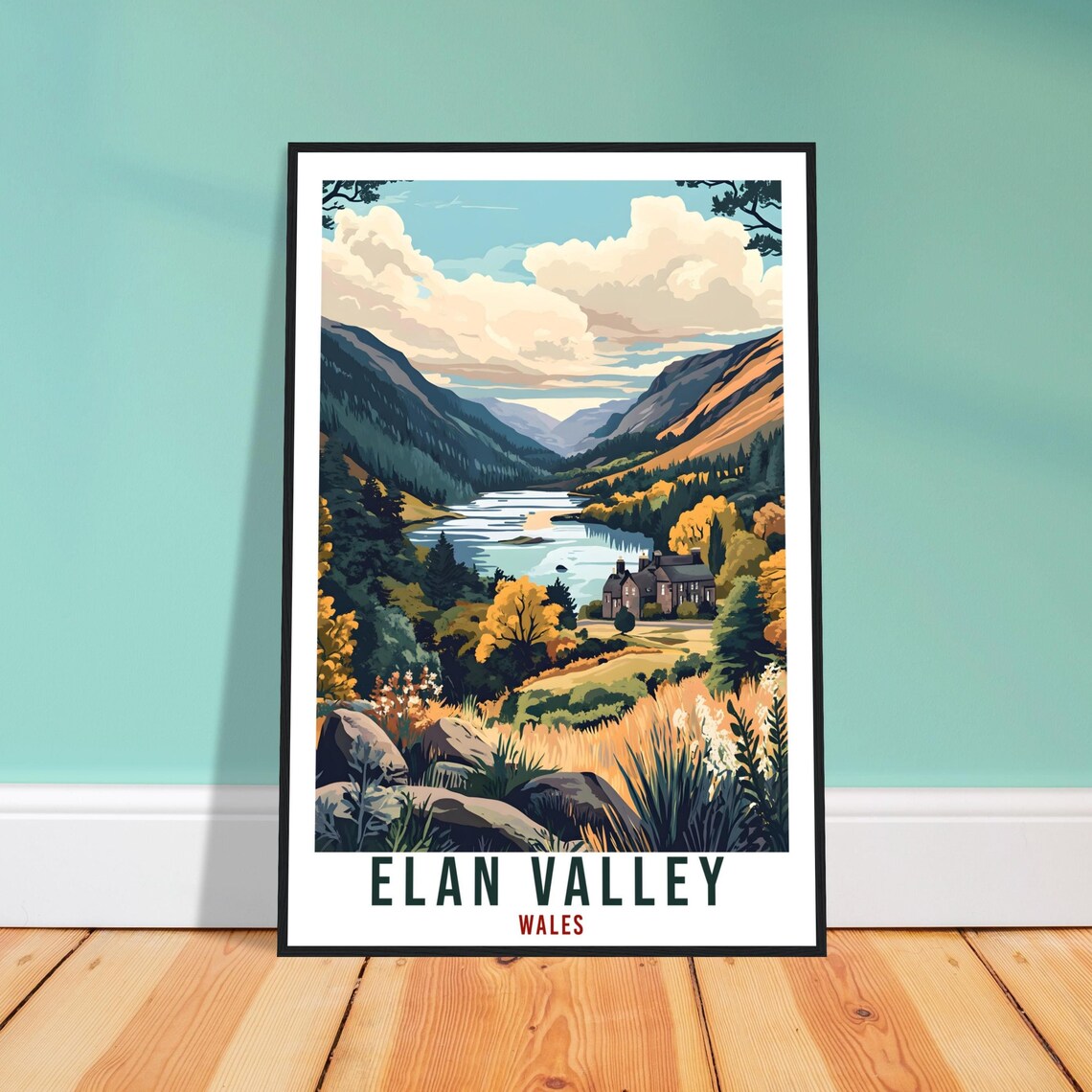 Elan Valley Wales Travel Poster Reservoir Lake Autumn Hills Artwork