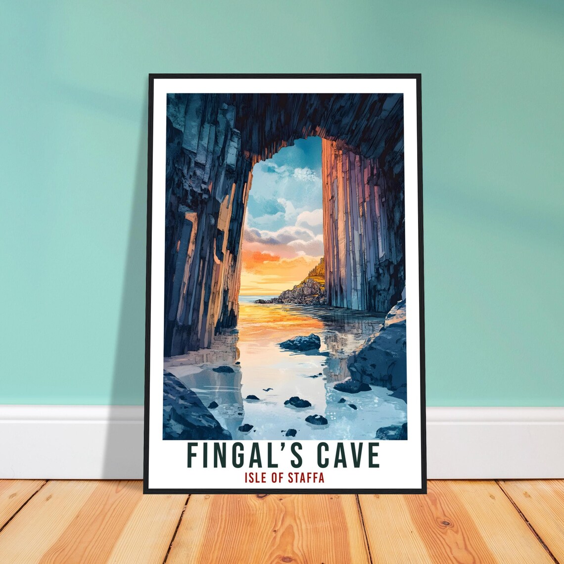 Fingals Cave Isle of Staffa Basalt Columns Sunset Travel Poster