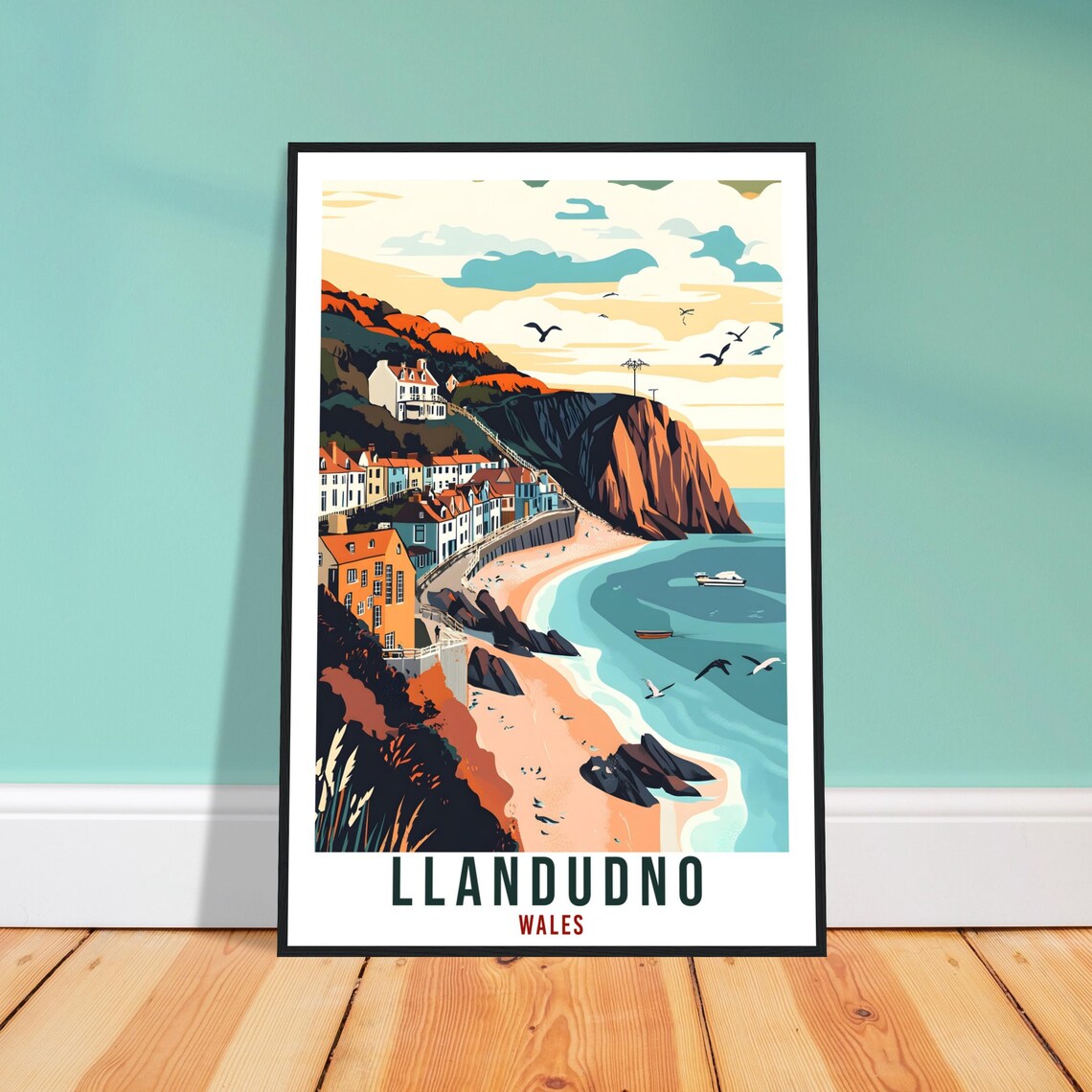 Llandudno Wales Travel Poster Seaside Cliffs Beach Town Artwork