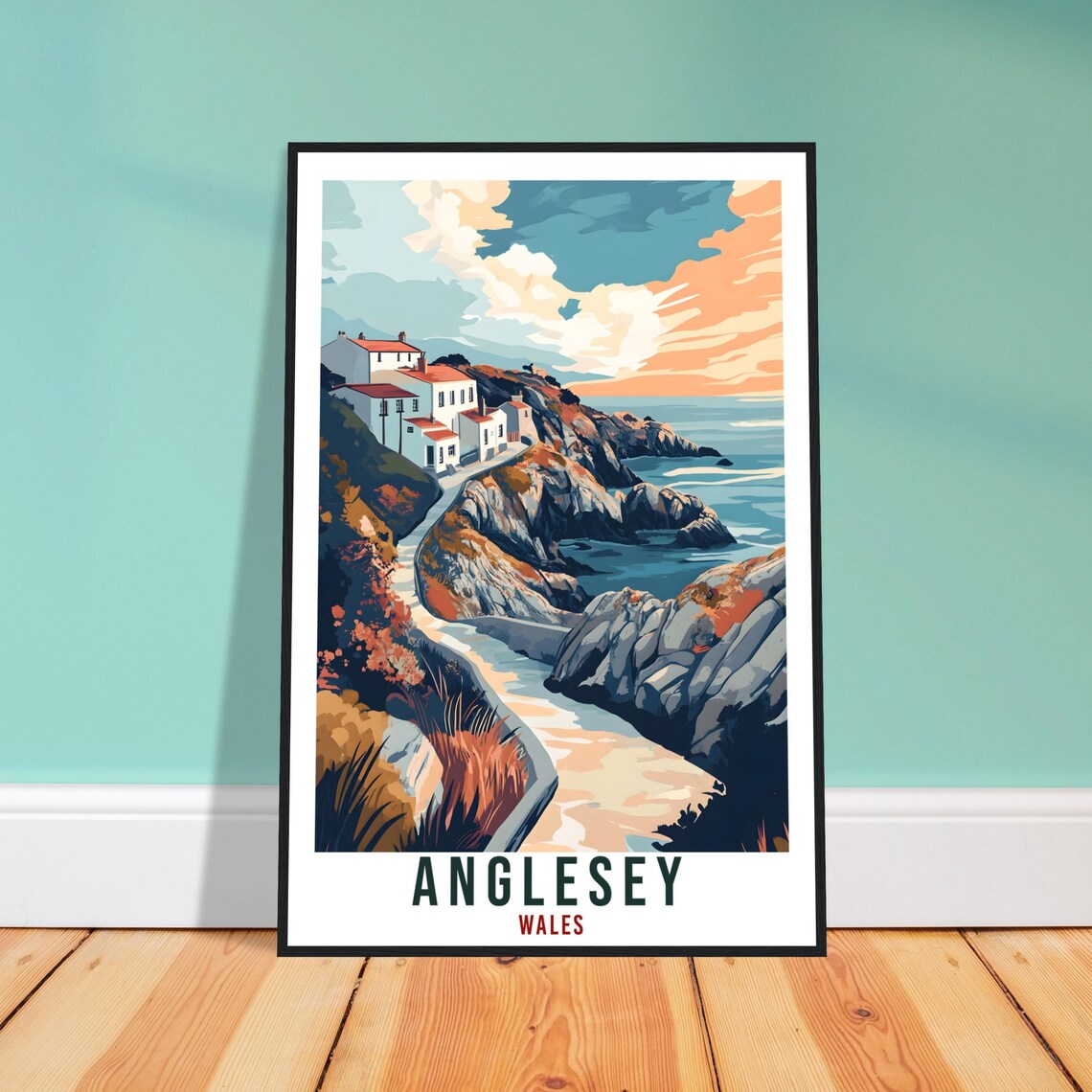 Anglesey Wales Coastal Cottages Rocky Cove Sunset Travel Poster